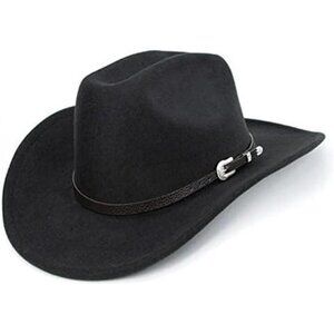 Western Cowboy Hat Black Fedora Roll Up Buckle Belt Unisex Costume Party Cap